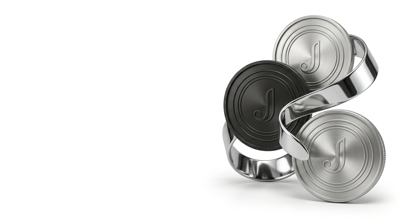 Polished metal coins marked with the letter J threaded through a flowing metal band, in black and white
